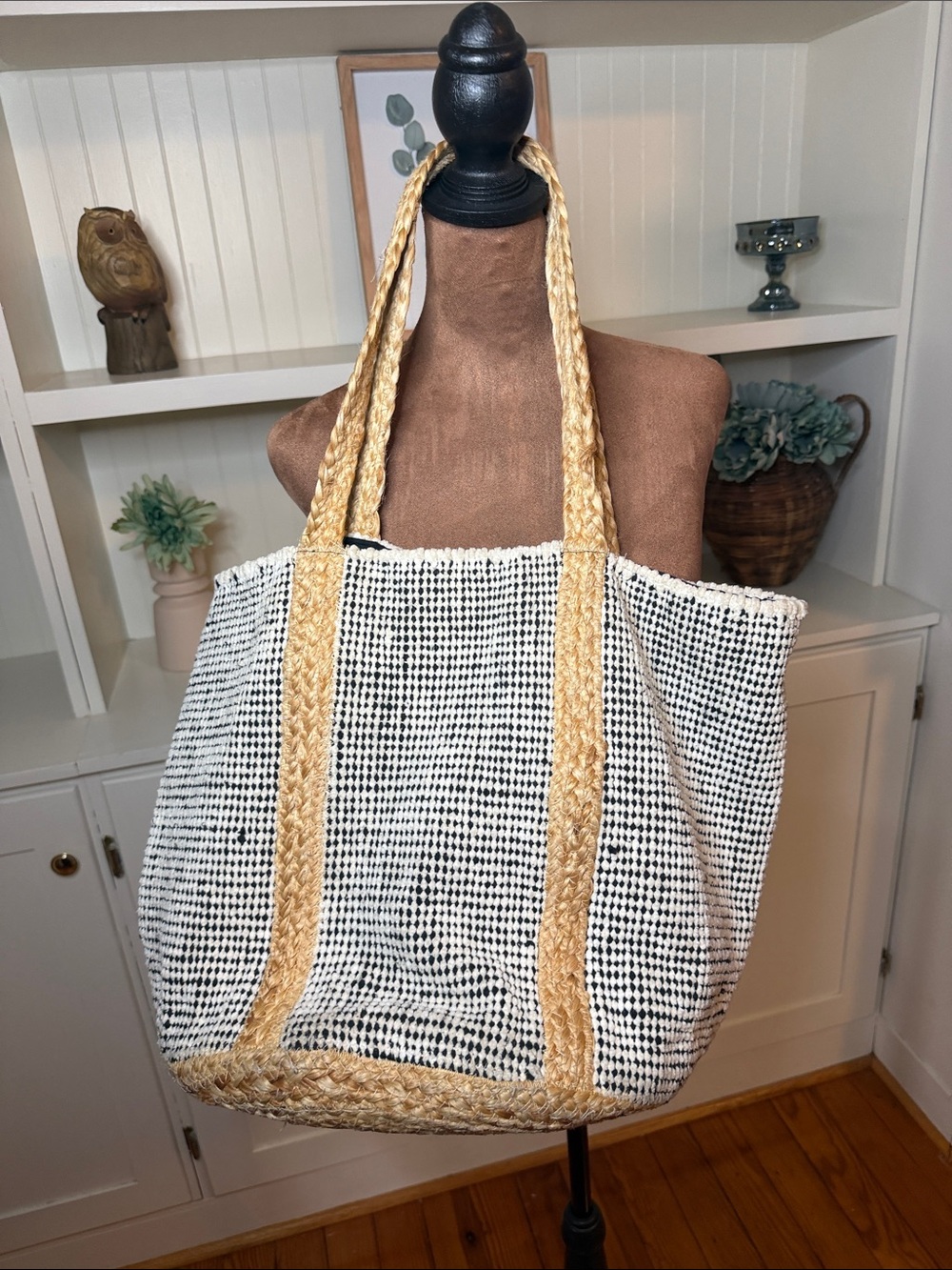 Anthropologie Black & Natural Straw-Trim Woven Tote